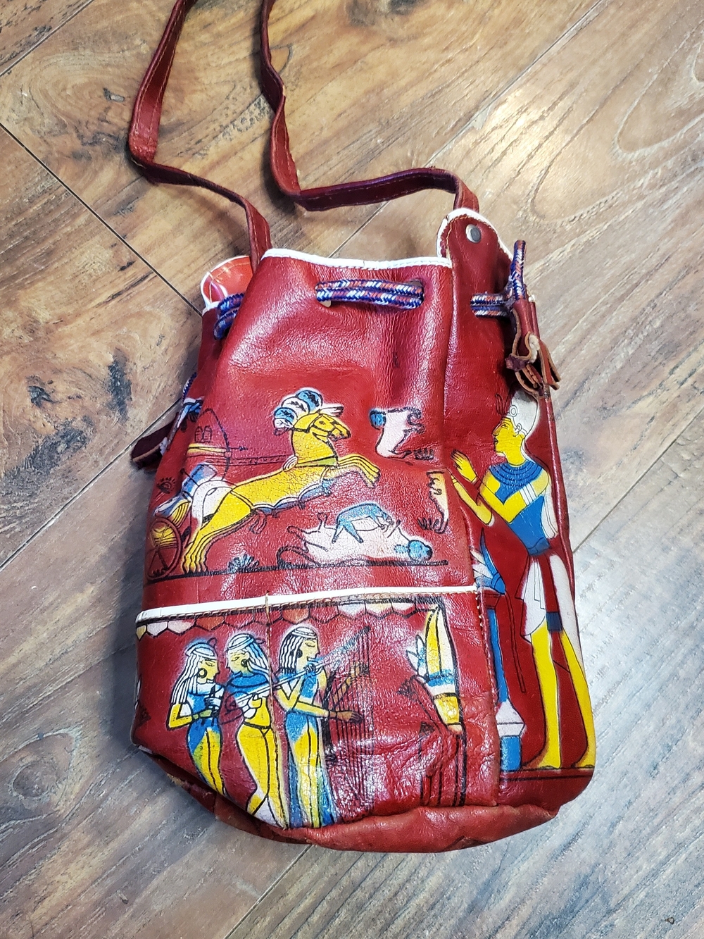 Red Egyptian-Print Leather Crossbody Bucket Bag